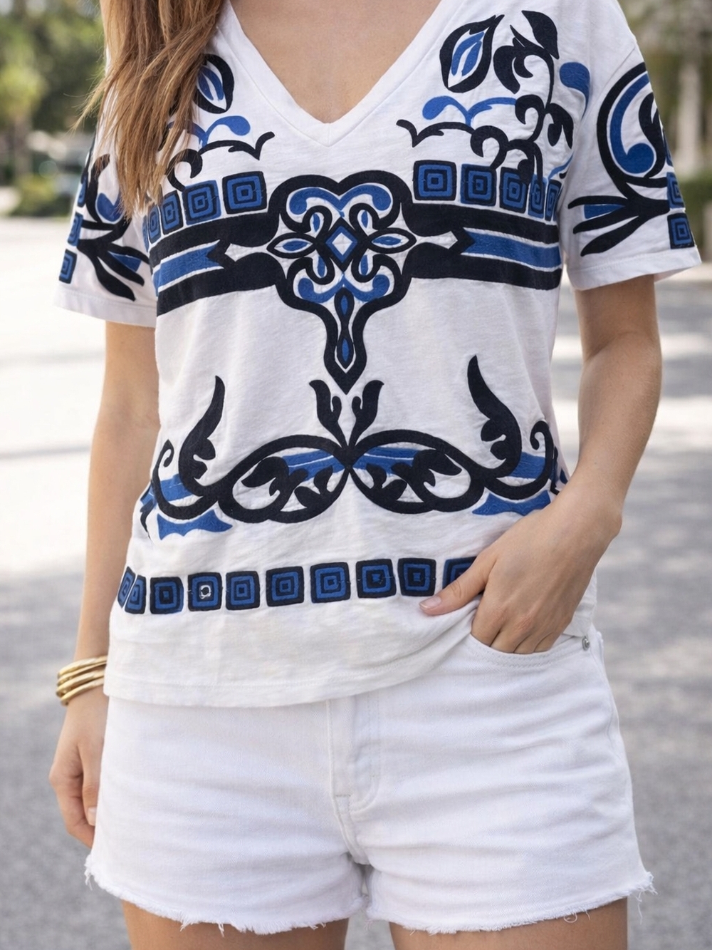 Zara Trafaluc Embroidered Boho V-Neck Top Blue White Size M Festival